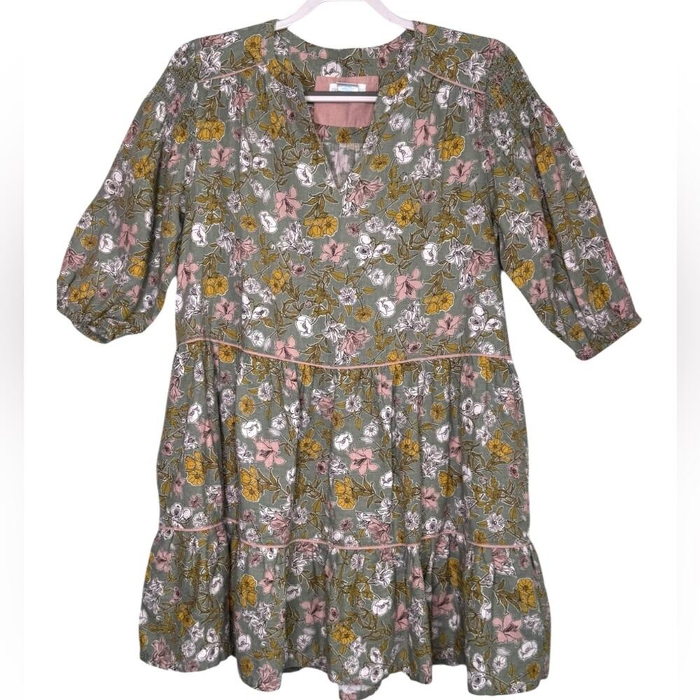 Cynthia Rowley Floral Sage Green Babydoll Dress Tiered Ruffles Size Medium